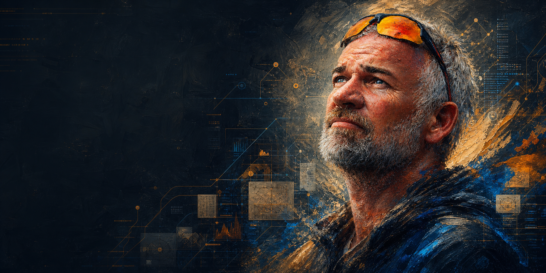 Painterly portrait of Michael Hensen with abstract system-map overlays